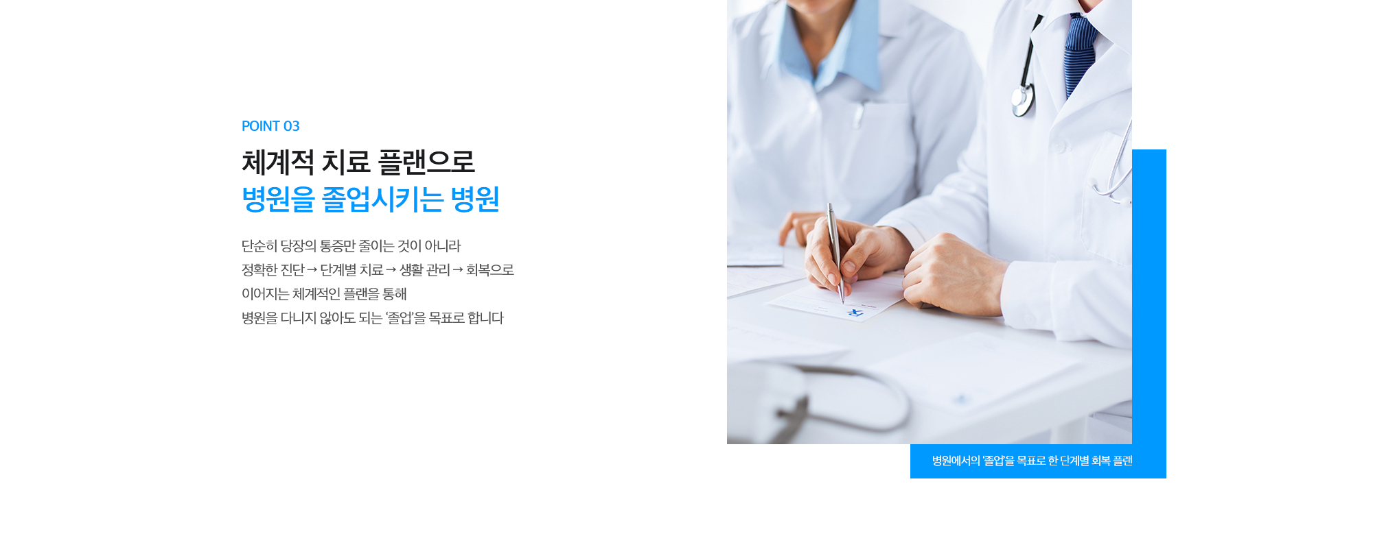 [POINT 03. 체계적 치료 플랜으로 병원을 졸업시키는 병원] 단순히 당장의 통증만 줄이는 것이 아니라 정확한 진단 → 단계별 치료 → 생활 관리 → 회복으로 이어지는 체계적인 플랜을 통해 병원을 다니지 않아도 되는 ‘졸업’을 목표로 합니다