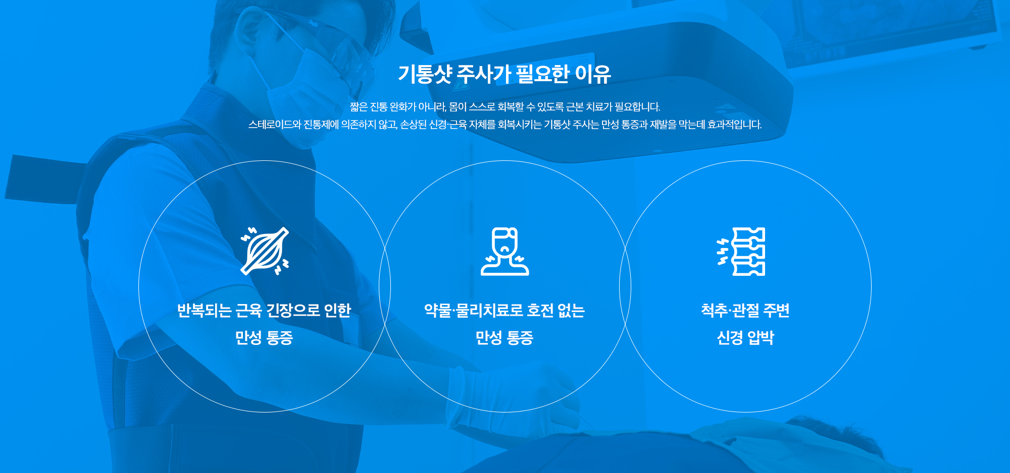 [기통샷 주사가 필요한 이유] 짧은 진통 완화가 아니라, 몸이 스스로 회복할 수 있도록 근본 치료가 필요합니다. 스테로이드와 진통제에 의존하지 않고, 손상된 신경·근육 자체를 회복시키는 기통샷 주사는 만성 통증과 재발을 막는데 효과적입니다. (반복되는 근육 긴장으로 인한 만성 통증 / 약물·물리치료로 호전 없는 만성 통증 / 척추·관절 주변 신경 압박)