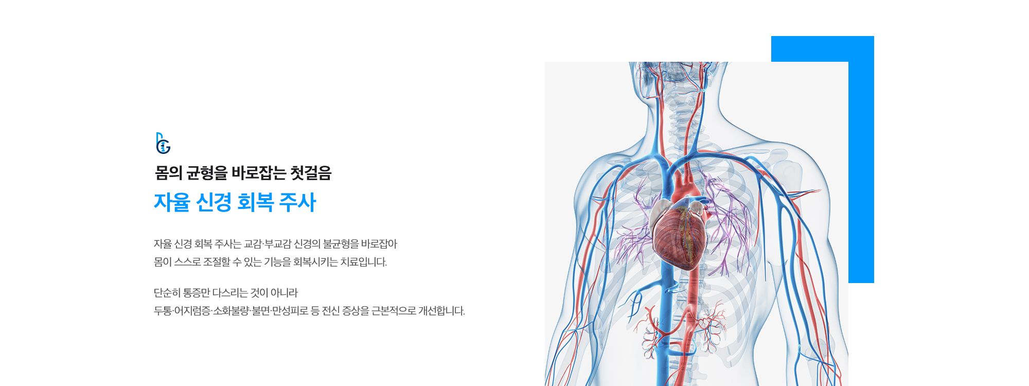 [몸의 균형을 바로잡는 첫걸음 자율 신경 회복 주사] 자율 신경 회복 주사는 교감·부교감 신경의 불균형을 바로잡아 몸이 스스로 조절할 수 있는 기능을 회복시키는 치료입니다. 단순히 통증만 다스리는 것이 아니라  두통·어지럼증·소화불량·불면·만성피로 등 전신 증상을 근본적으로 개선합니다.
