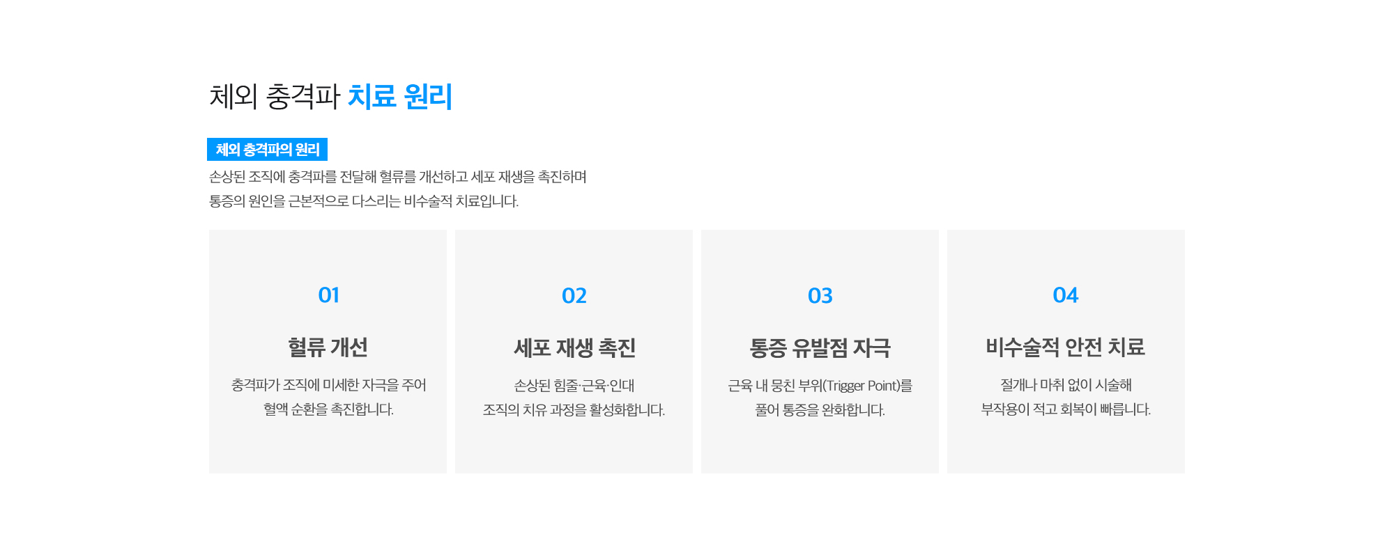 [체외 충격파 치료 원리] 손상된 조직에 충격파를 전달해 혈류를 개선하고 세포 재생을 촉진하며 통증의 원인을 근본적으로 다스리는 비수술적 치료입니다. (혈류 개선 / 세포 재생 촉진 / 통증 유발점 자극 / 비수술적 안전 치료)