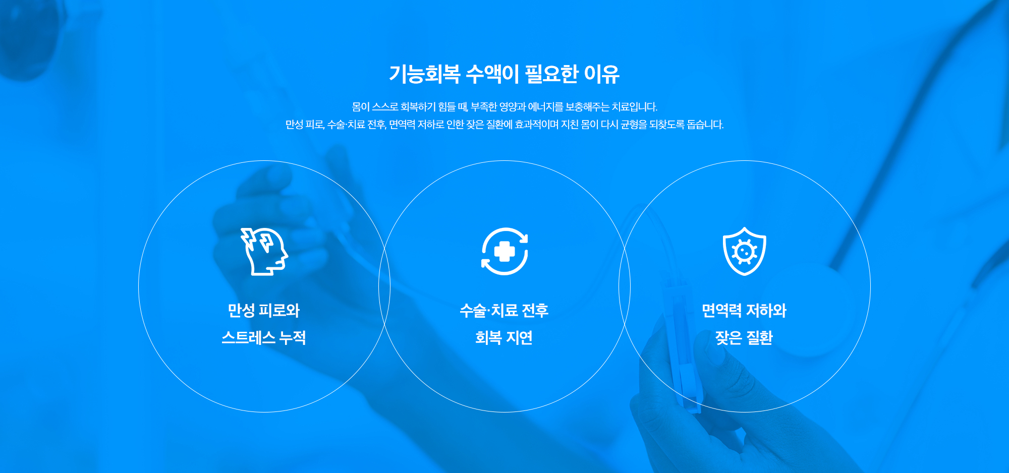 [기능회복 수액이 필요한 이유] 몸이 스스로 회복하기 힘들 때, 부족한 영양과 에너지를 보충해주는 치료입니다. 만성 피로, 수술·치료 전후, 면역력 저하로 인한 잦은 질환에 효과적이며 지친 몸이 다시 균형을 되찾도록 돕습니다. (만성 피로와 스트레스 누적 / 수술·치료 전후 회복 지연 / 면역력 저하와 잦은 질환)