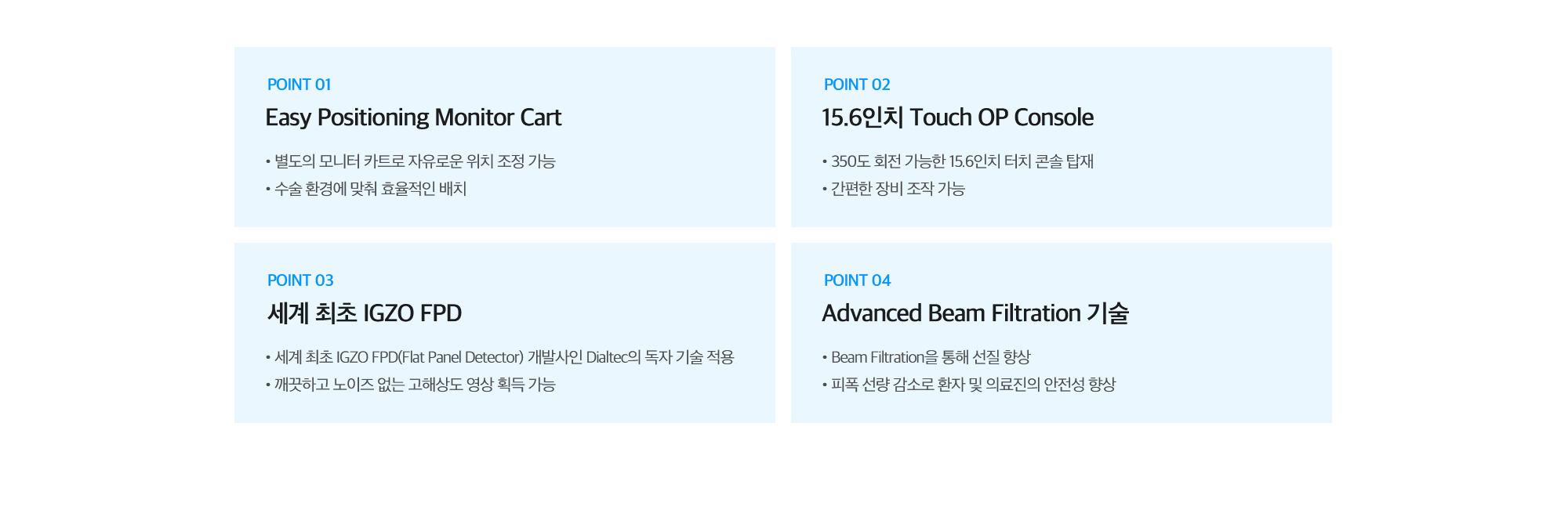POINT 01. Easy Positioning Monitor Cart / POINT 02. 15.6인치 Touch OP Console / POINT 03. 세계 최초 IGZO FPD / POINT 04. Advanced Beam Filtration 기술